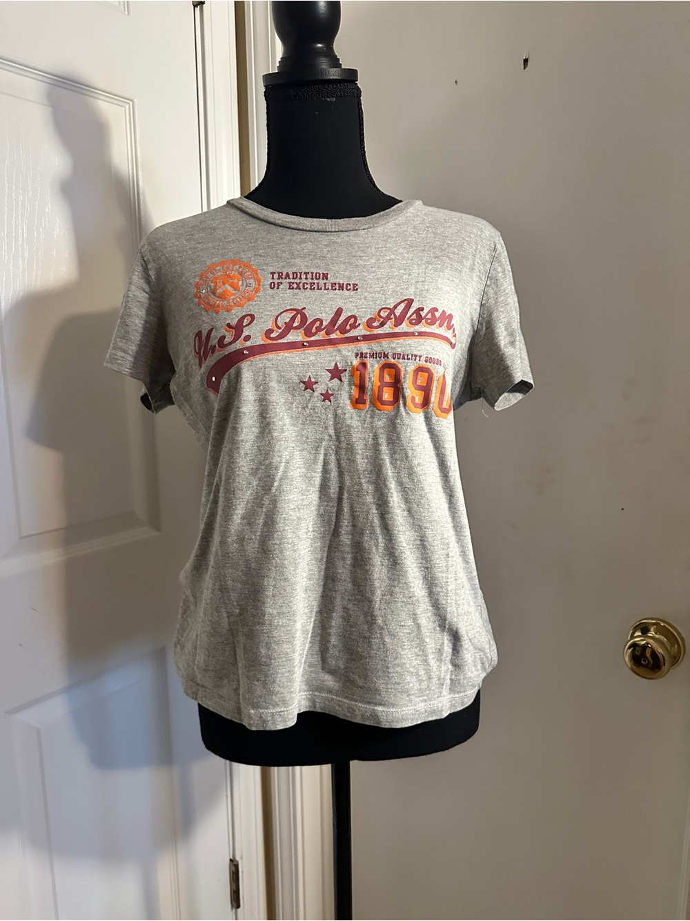 U.S. Polo Assn. Gray Tee with Olive Label and Orange Trim
